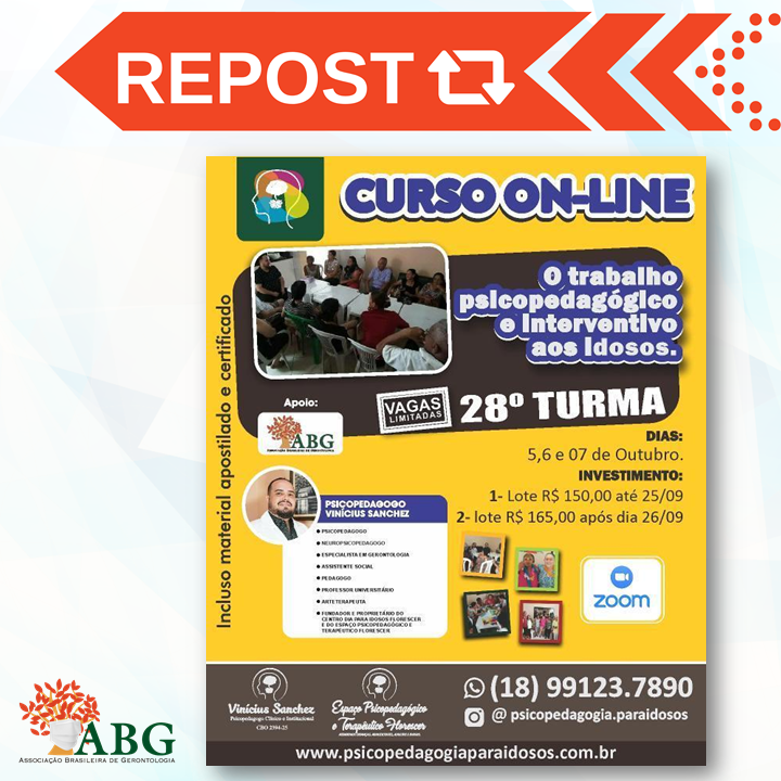 abgeronto's tweet photo. Divulgamos o Curso Online "O trabalho psicopedagógico e interventivo aos idosos" ministrado pelo Psicopedagogo Vinícius Sanches.

Mais informações:
https://t.co/AOE6dg9Wbk

Participem!!

#ABGeronto #gerontologia #psicopedagogia #pedagogo #neuropsicopedagogia https://t.co/Md06bz7Cea