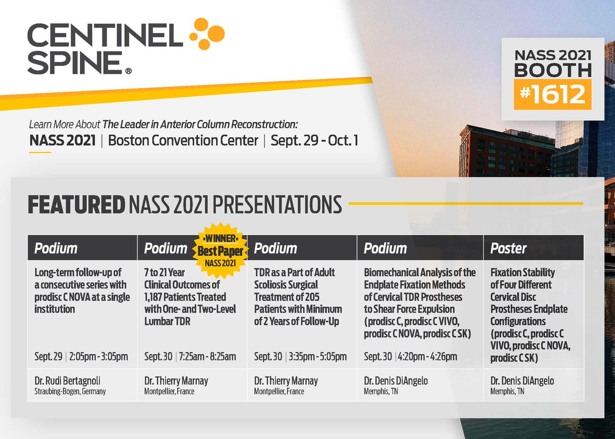 CentinelSpine's tweet photo. Learn why Centinel Spine is the leader in Anterior Column Reconstruction at #NASS2021 Booth No. 1612 or from one of the clinical posters or presentations, especially the one named Best Paper!
#rediscover #centinelspine #stalif #prodisc #nass #spinalfusion #totaldiscreplacement https://t.co/xdOhzpgQ9M