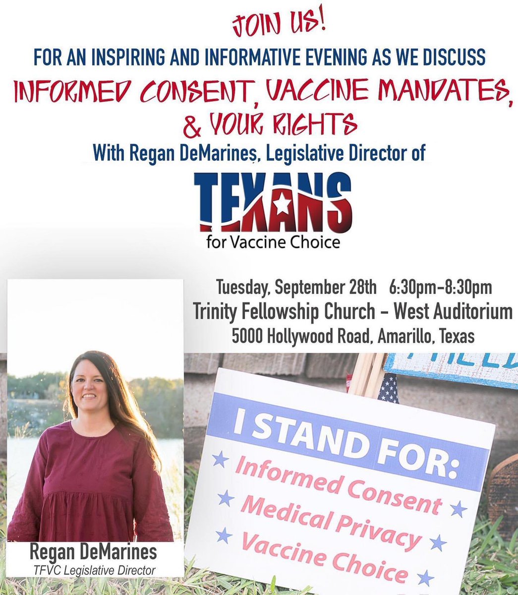 TXforVaxChoice's tweet photo. AMARILLO!! We are so excited to see you TOMORROW at 6:30!
Trinity Fellowship Church - West Auditorium
5000 Hollywood Road
6:30 - 8:30
SEE YOU THERE! #tfvc https://t.co/x34H9bunS2