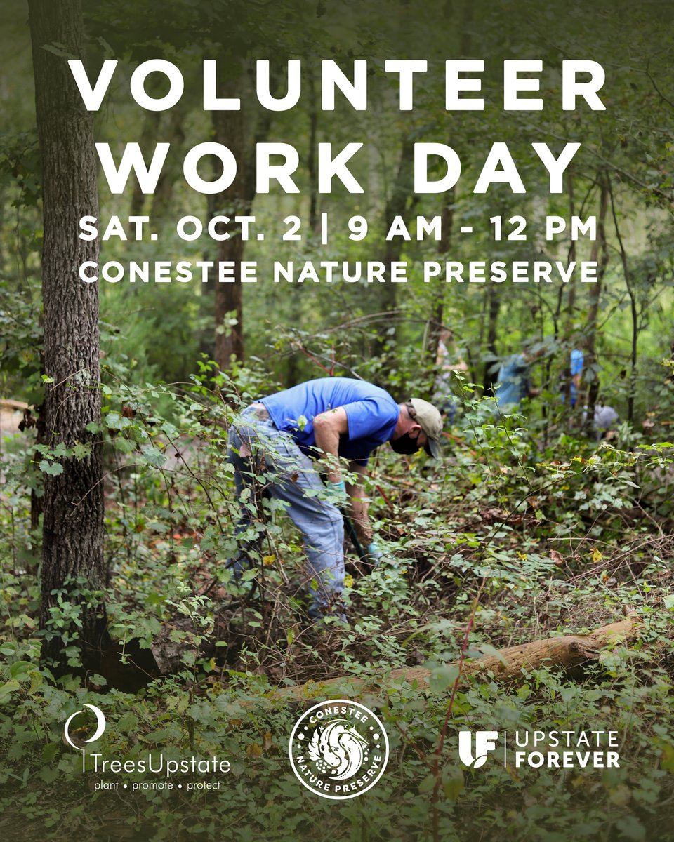 UpstateForever's tweet image. Volunteers needed this Saturday! Join us and TreesUpstate to remove invasive species and take care of trees at Conestee Nature Preserve.

🗓 Saturday, October 2
⏰ 9:00 - 10:30 am or 10:30 am - 12:00 pm
📍 840 Mauldin Road, Greenville, 29607

RSVP here: upstateforever.org/CNPworkday