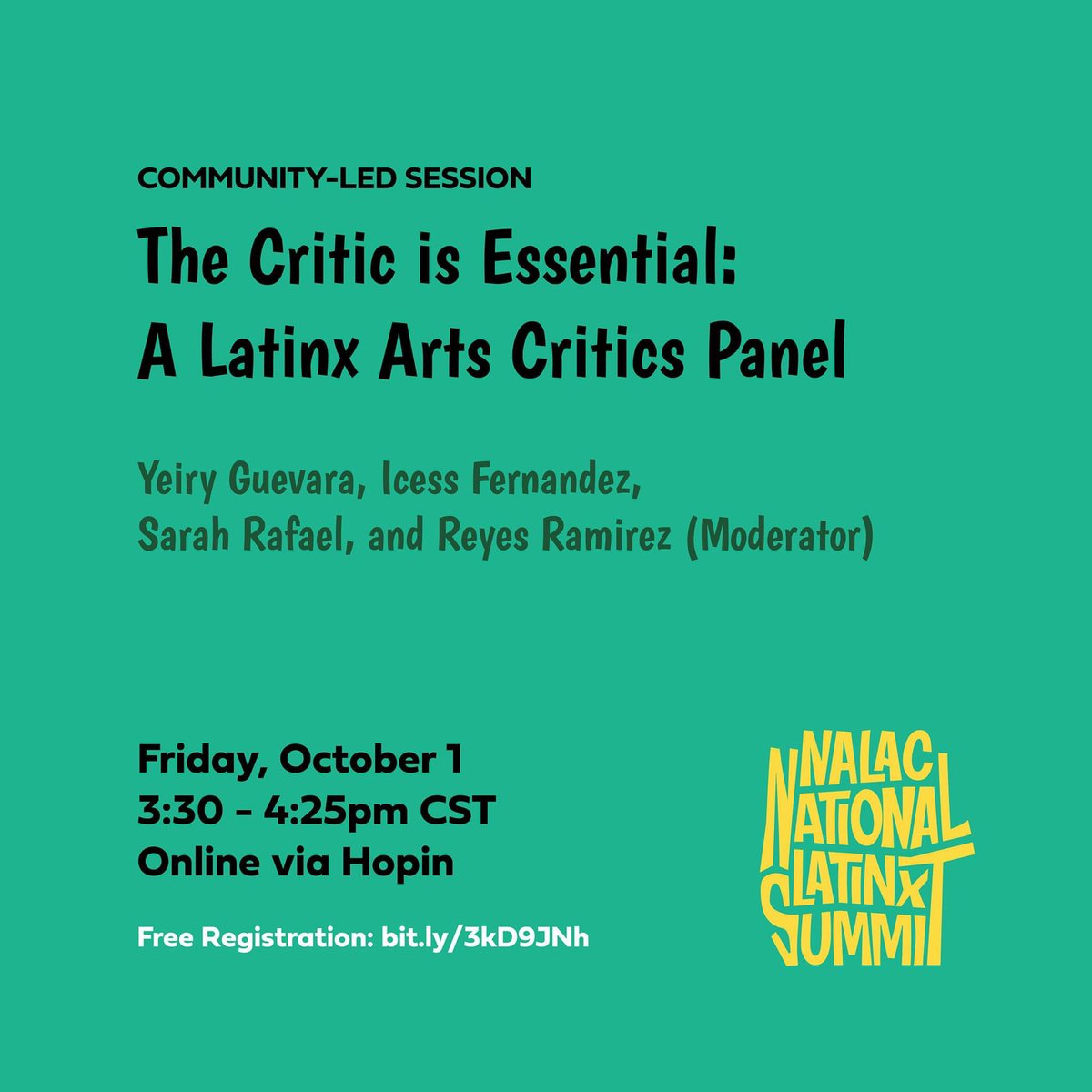 SarahRafaGarcia's tweet image. Friday I'll be on a panel with the incomparable @Yeiry, @Icess, &amp;amp; @y_si_rey_quiere for @nalac_arts National Latinx Summit — join us!! Free registration here:
hopin.com/events/nalac-n…