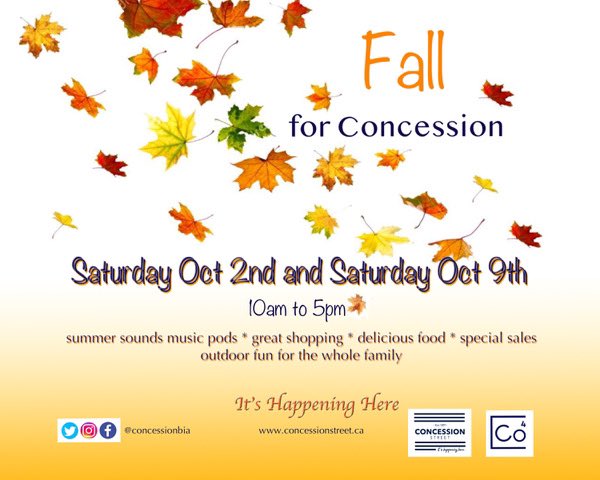 ConcessionBIA's tweet photo. “Fall” for Concession this Saturday! 10am to 5pm #sidewalksales #musicpods #shoplocal #eatlocal #concessionstreet #spendithere #hamont @CoBALTCONNECTS https://t.co/mkw2N4eZLx