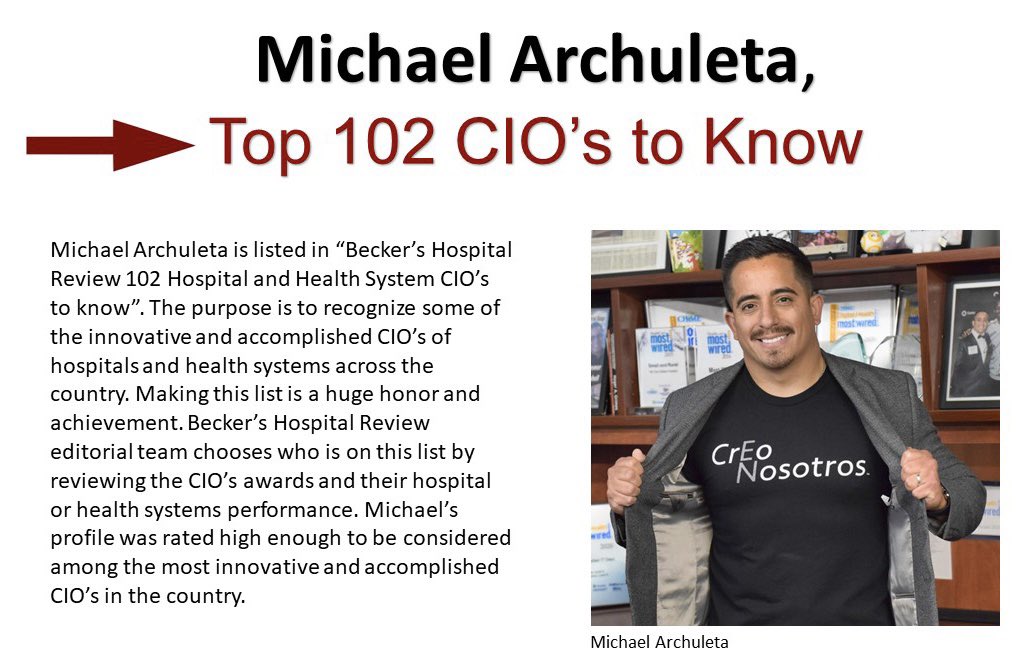 I’m humbled and honored to be recognized among the most innovative and accomplished CIO’s in the country - beckershospitalreview.com/lists/100-hosp… - #powerofinnovation #ciofutureofwork #healthcareinnovation #digitaltransformation #creoenti #creoennosotros #hispanicheritagemonth #pinksocks   #cio