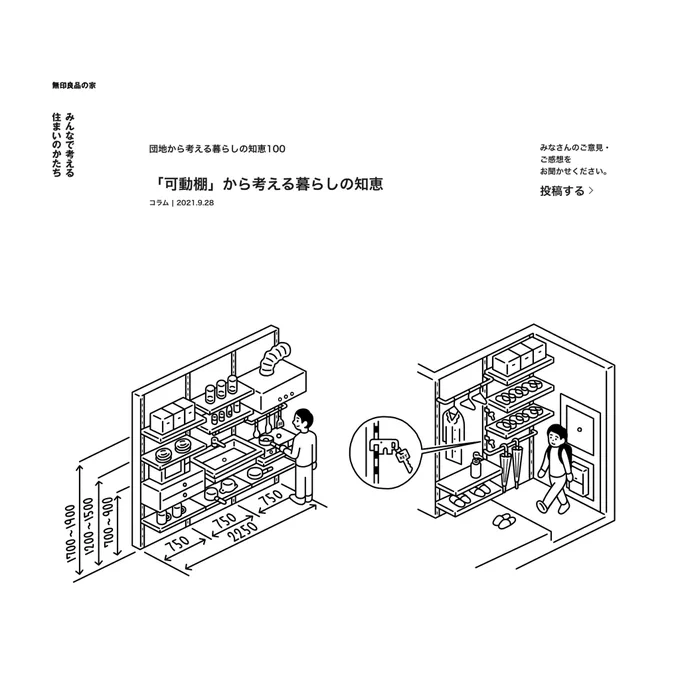 無印良品の家のWEB連載コラム『団地から考える暮らしの知恵100』第18回のイラストを描きました。

今回は「可動棚」から考える暮らしの知恵です。

https://t.co/hzQzB4fuHD 