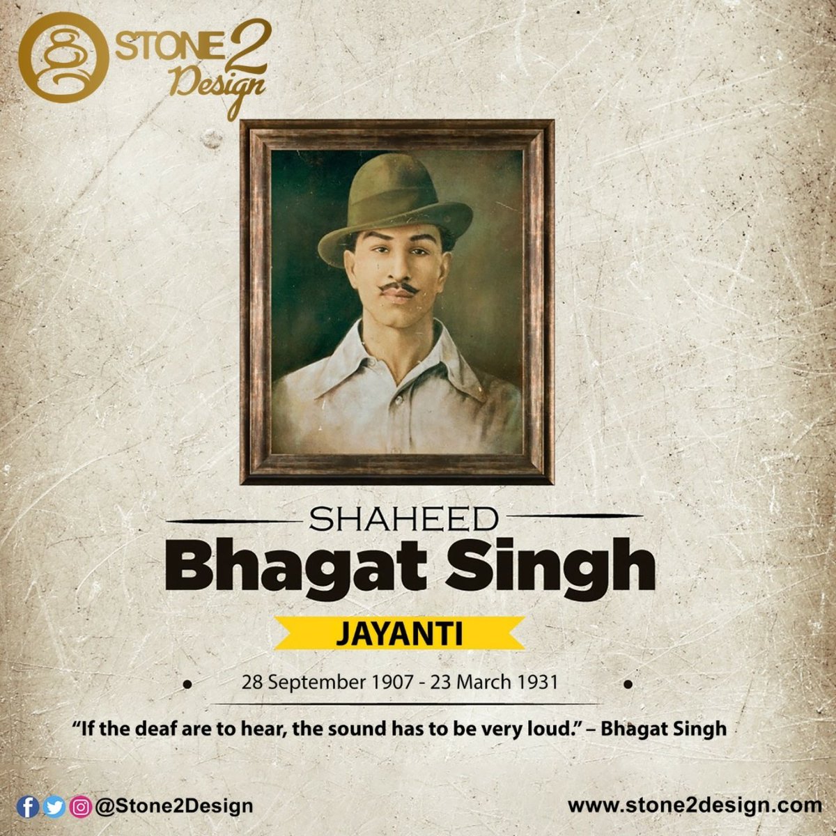 Stone2Design's tweet photo. “If the deaf are to hear, the sound has to be very loud.” – Bhagat Singh
Shaheed Bhagat Singh Jayanti

📞 : +919535813424
🌐 : https://t.co/i1MCQvBn6m
📧 : info@stone2design.com

#stone2design #BhagatSingh #BhagatSinghJayanti #proudcts  #interior #texture #wallmural #design https://t.co/vC1OQg9rgv