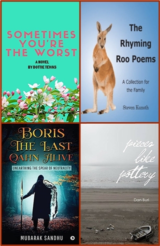 Four titles from #authentic #authors, follow them, read their #Books give them a #writerslift &amp; #booktwt
<a href="/DottieTewks/">Dottie Tewks</a> <a href="/KunothSteven/">Steven Kunoth</a> <a href="/mubaraksandhu/">Mubarak Sandhu</a> <a href="/DanBuri777/">⚫️ Daniel Buri ⚫️</a>