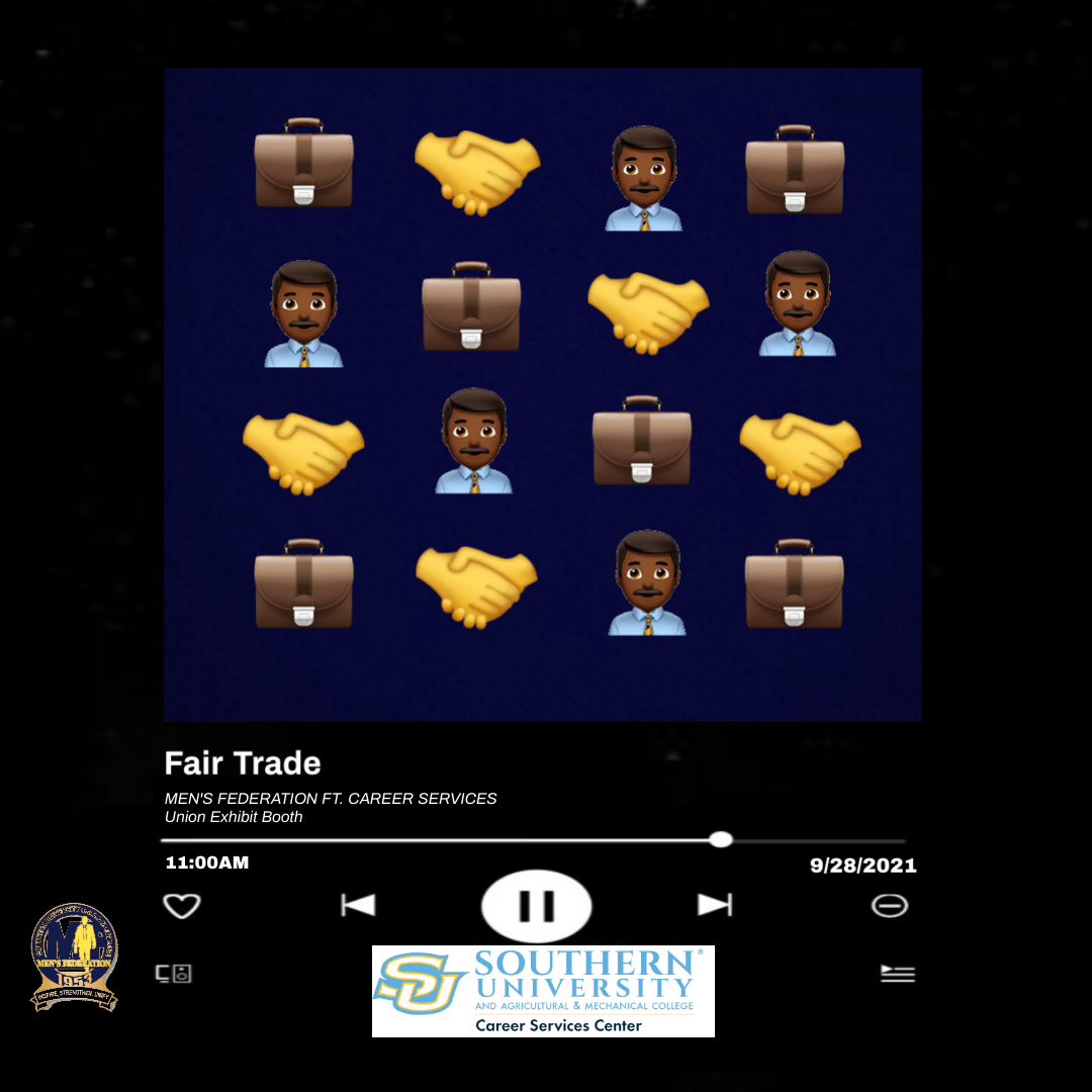 _SUmensfed's tweet photo. Song #2🎧: Fair Trade
Are you in need of a Tie , Dress Shoes, Socks , Suit, and other Professional Accessories? 🤔🤵🏾 Well you’re in luck! Join Men’s Federation tomorrow in the Union Exhibit Booth as we partner with Southern University’s Career Services.
#TrustTheFeds #MFWeek https://t.co/4QH9msWv4G
