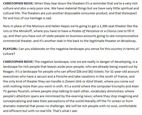 JFrankensteiner's tweet photo. Once again thinking about Christopher Reeve in 1982 predicting the future of Broadway https://t.co/2AXcm94V01