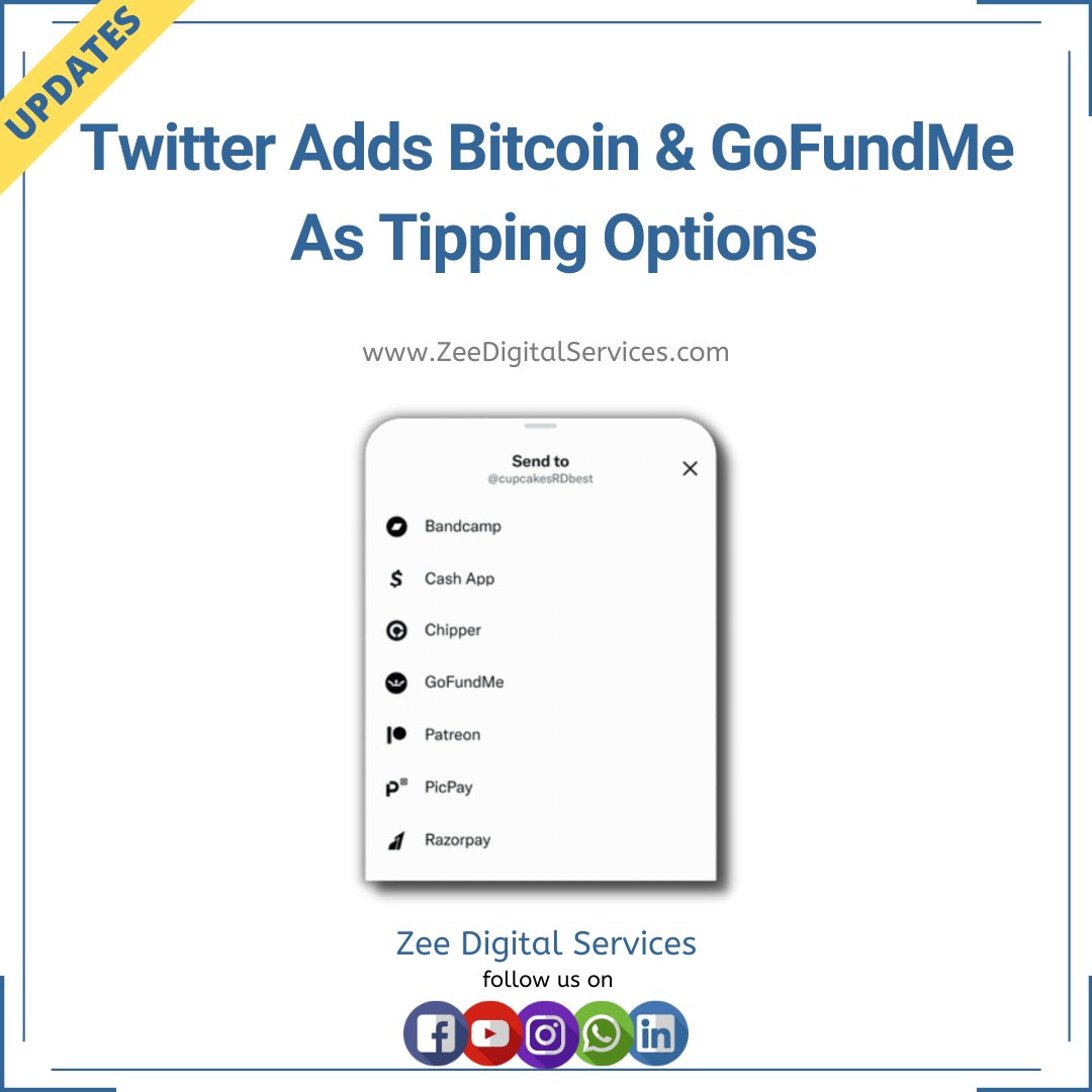 Zee_Digital_Ser's tweet photo. Twitter is expanding its tipping feature to more users and diversifying the ways in which users can receive monetary contributions.

If you like 👍 Digital Marketing 📢 then follow ✅ us &amp; never miss any updates 🔔

Pls share 📲

#digitalmarketingupdates #ZeeDigitalServices #soci https://t.co/owUHIrFnBg