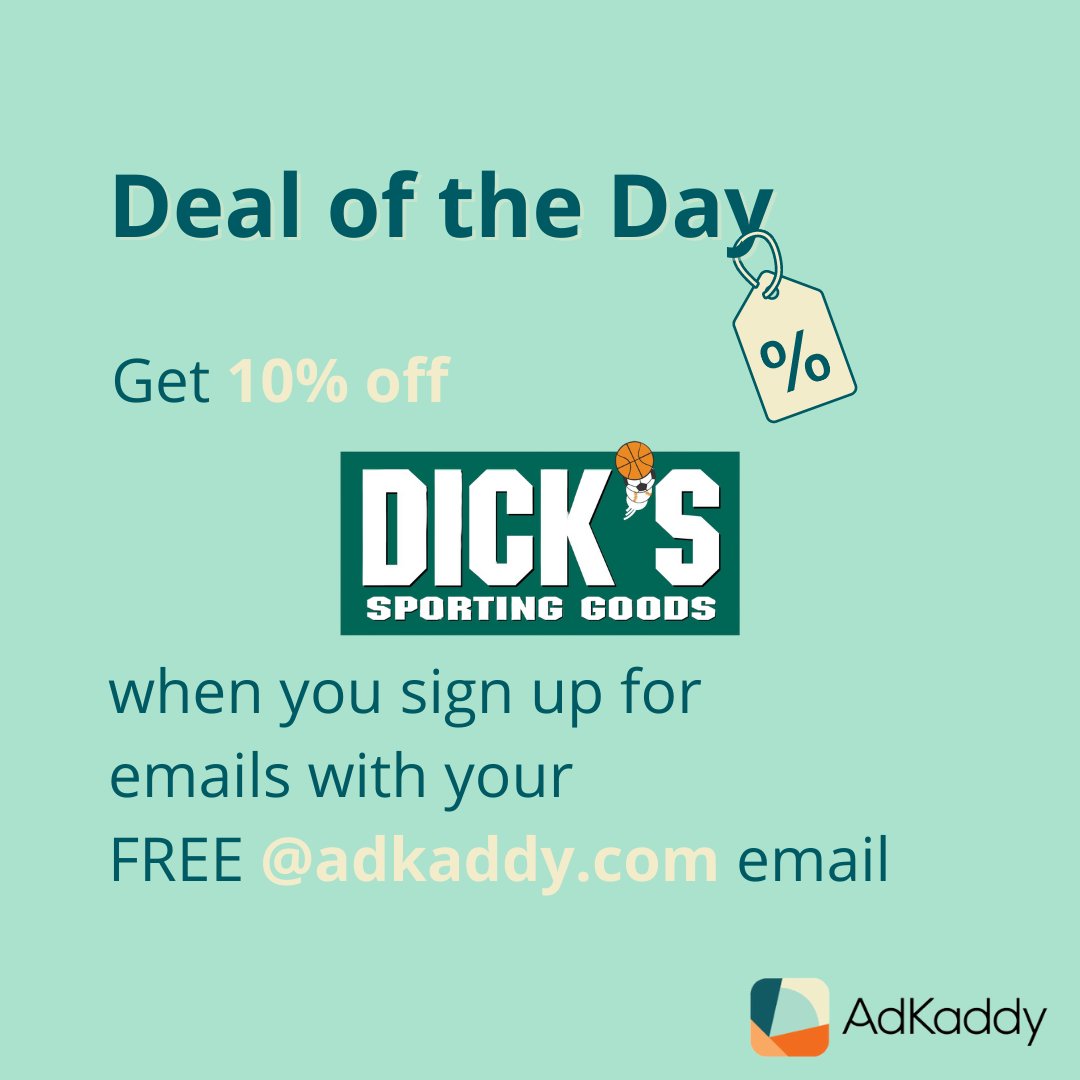 AdKaddy's tweet image. Today's Deal of the Day is 10% off at Dick's Sporting Goods! Use your free AdKaddy email to subscribe. 

#adkaddy #consumerlife #onlineshopping
#brandmanagement #organization #organizemyinbox
#inboxclarity #takebackcontrol #retail #discounts