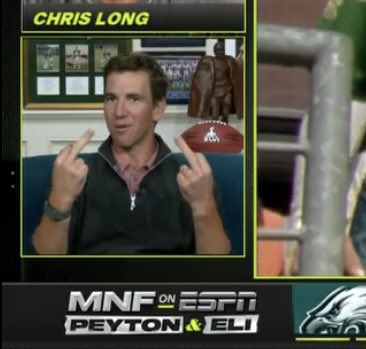 Ayers4President's tweet photo. I didn’t have “Eli Manning double middle fingers” on my Manning MegaCast bingo card #MNF https://t.co/RQMIdE60O9