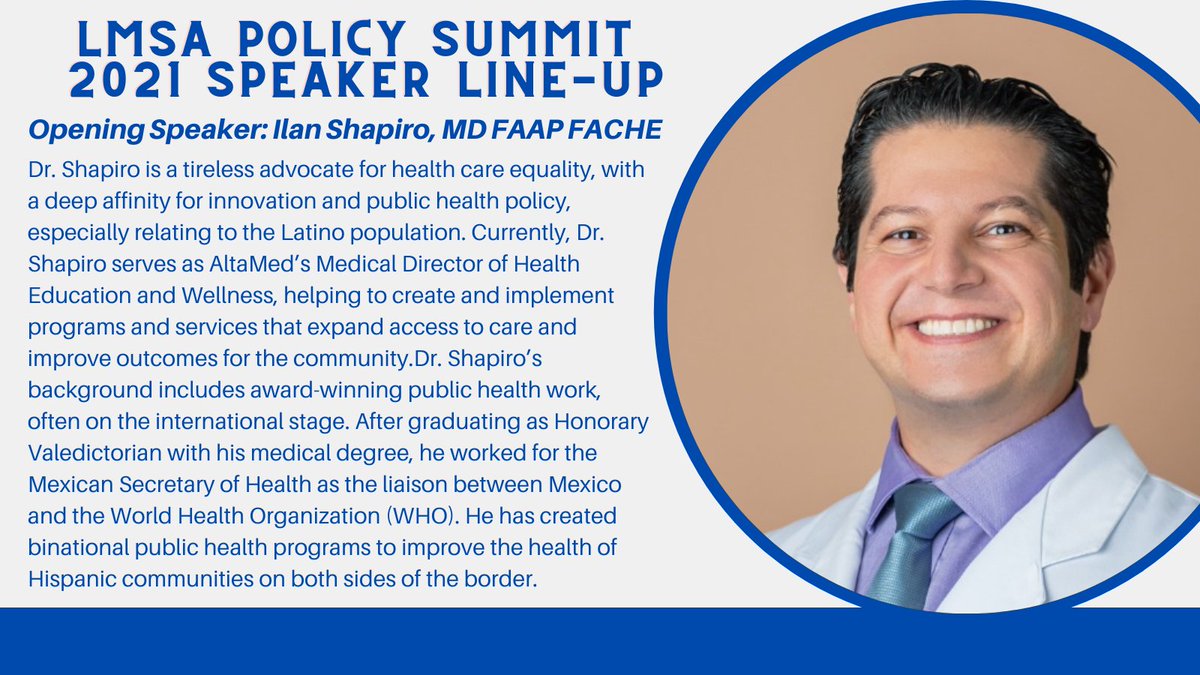 🏛️🌱Continuing our speaker series - meet our Opening Speaker, Ilan Shapiro, MD! <a href="/dr_shaps/">Ilan Shapiro MD</a> 

Currently the Medical Director of Health Ed &amp; Wellness at AltaMed <a href="/AltaMedHealthS/">AltaMed Health Services</a>, he will help set the stage for the 2021 LMSA Policy Summit!!! Check out a part of his bio below ⬇️