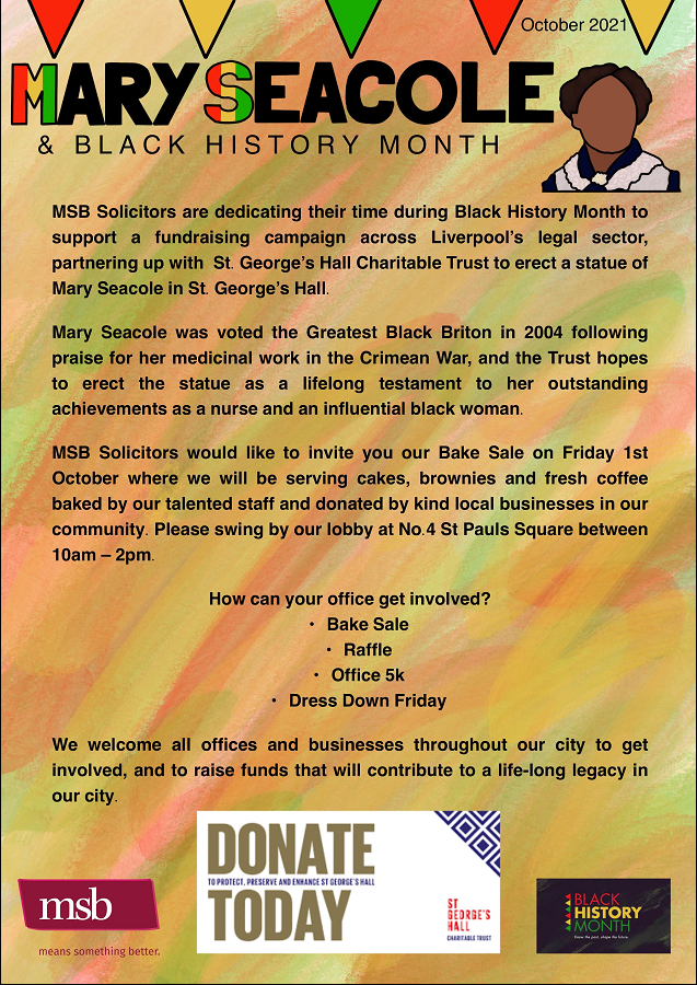 MSBSolicitors's tweet photo. We're dedicating this year's #BlackHistoryMonth to supporting a fundraising campaign with St George's Hall, to erect a statue of the incredible Mary Seacole.

We'd love to invite you to support the cause and below are just a few ways you can get involved! https://t.co/H112PX9cNM