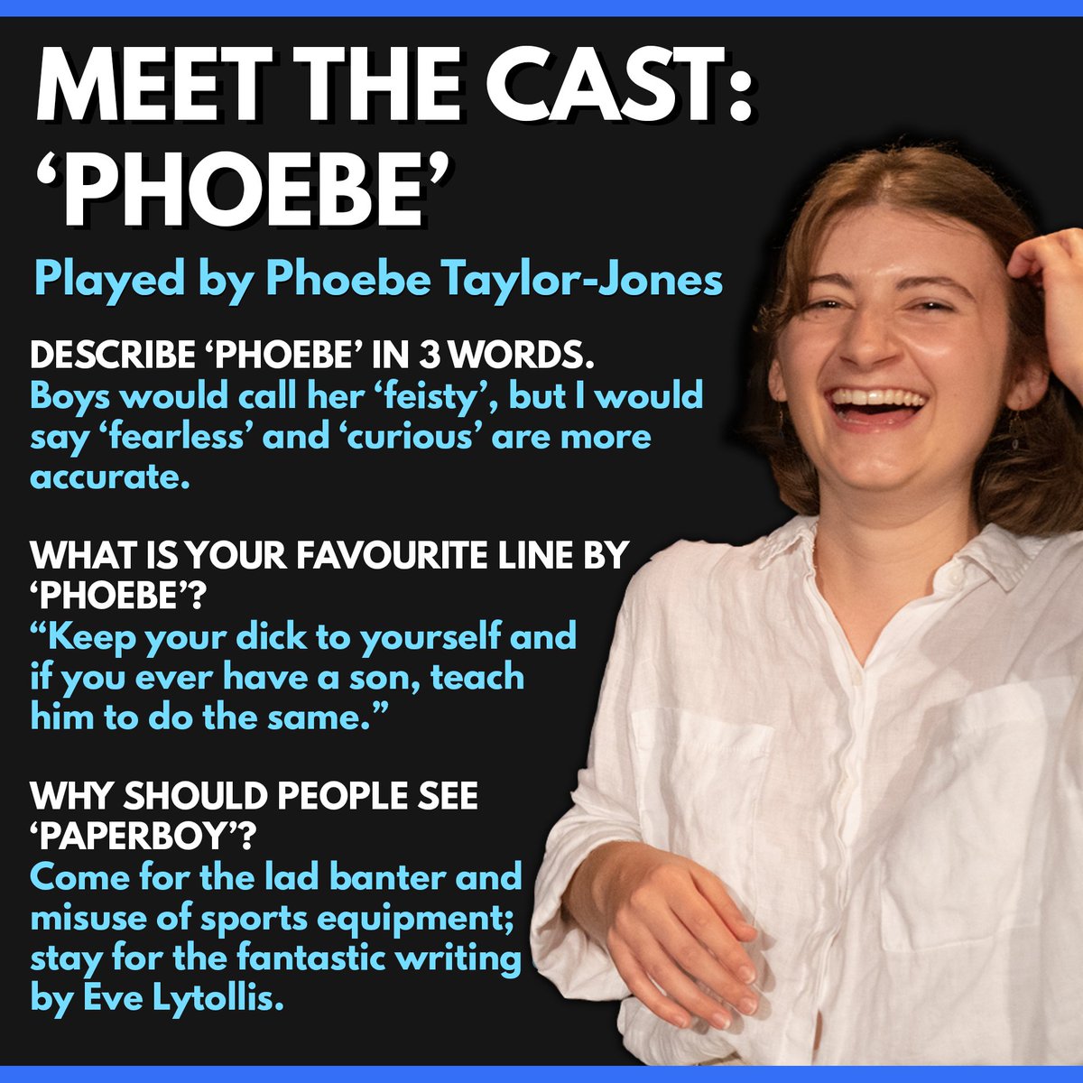 *MEET THE 'PAPERBOY' CAST*

Phoebe Taylor-Jones as 'Phoebe'

Last but by no means least in our cast interviews, it's the queen of not responding to emails: Phoebe!

2nd-3rd October, 3pm, <a href="/breadandrosesTC/">The Bread & Roses Theatre</a>

TICKETS VIA LINK IN BIO!