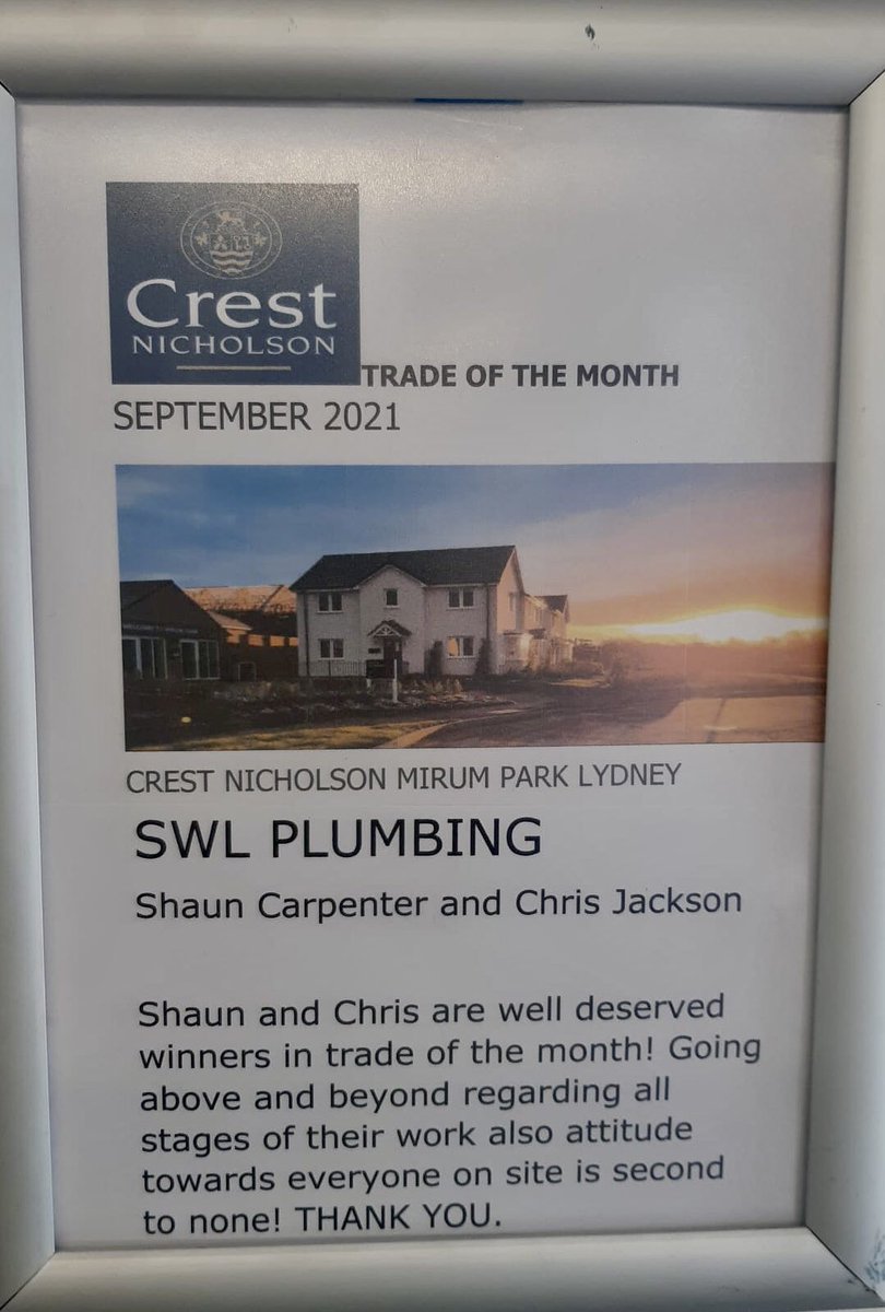 SWL_1978's tweet image. For the second successive month we have been awarded the trade of the month at Crest Nicholson, Lydney. 

This is a real testament to Chris and Shaun.

Well done.

#SWL