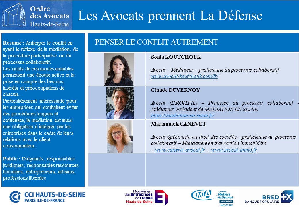 barreau92's tweet photo. ✅Les avocats prennent La Défense✅ Atelier pratique gratuit le 1er octobre de 8h30 à 9h45📆 Pass sanitaire obligatoire📲 Gratuit.
🔰Pensez le conflit autrement 🔰 #AVOCATS #entreprise #entrepreneur #MARD #médiation
https://t.co/I5tB9lmm1p https://t.co/X6fQy1fNyi