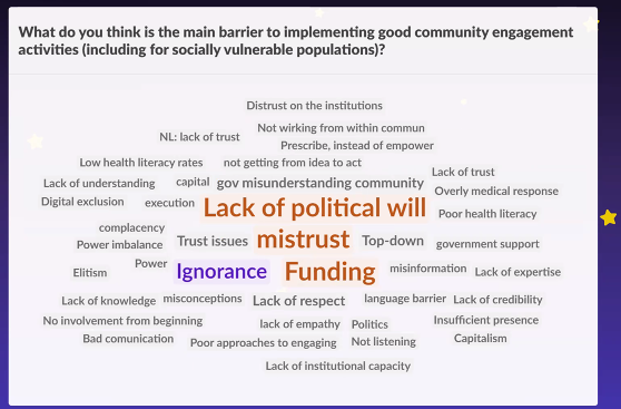 raquelvareda's tweet photo. Lack of political will, mistrust, ignorance and funding as the main barriers to implement good community engagement activities... couldn't agree more. What would you answer? #EHFG2021 @GasteinForum https://t.co/zhugSFAYbJ