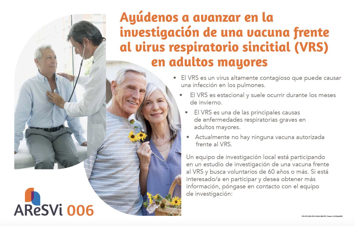 Estudio | Sigue en marcha el reclutamiento del ensayo clínico para estudiar una nueva #vacuna frente al virus respiratorio sincitial en personas mayores de 60 años.

➡️Si te interesa o a alguien de tu entorno, contáctanos de manera gratuita en 900102963 o vacunas_fisabio@gva.es