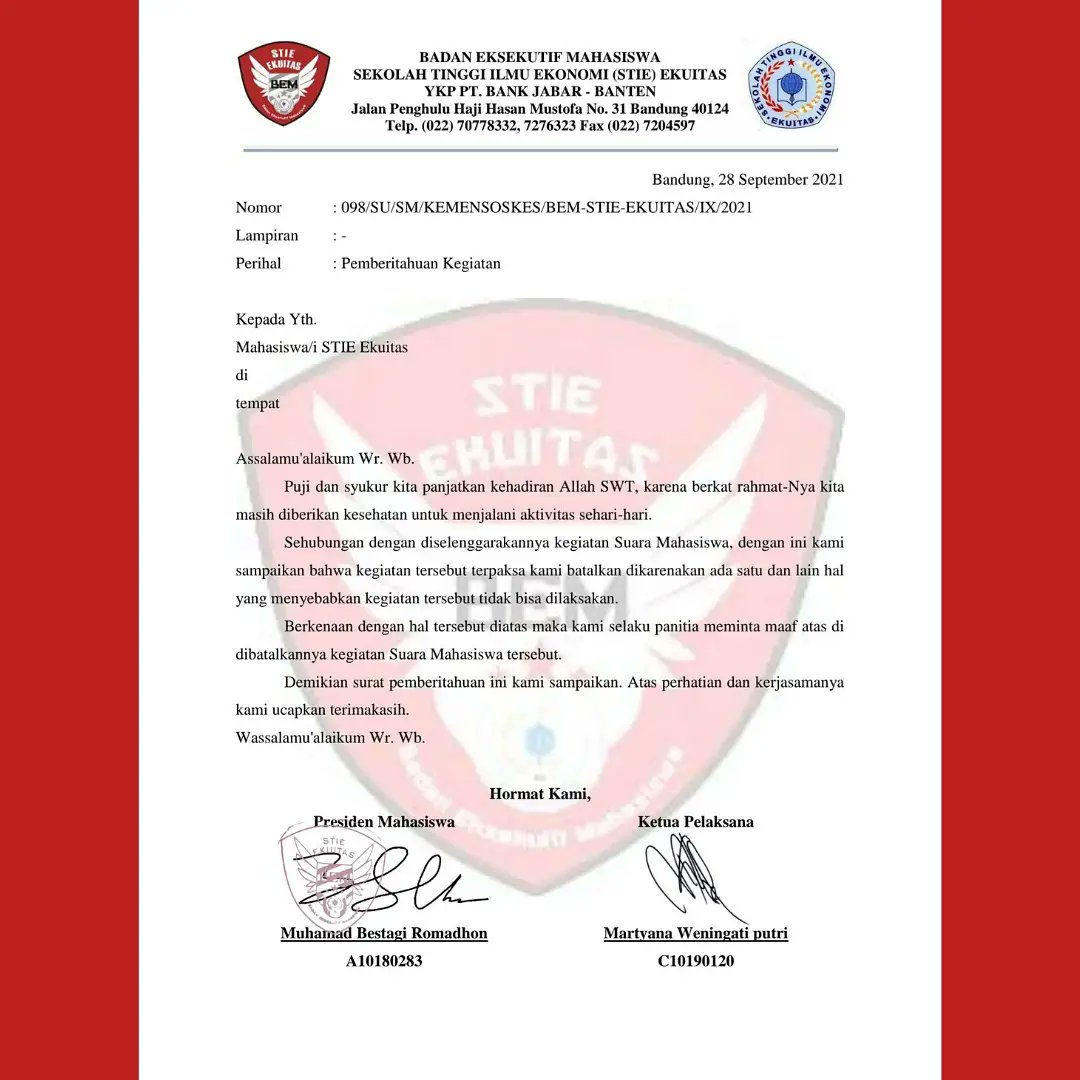 [INFO BEM]
[KEMENTERIAN SOSIAL DAN KESEJAHTERAAN]
SUARA MAHASISWA

Selengkapnya
instagram.com/p/CUW4lhLF5a3/…

bem.ekuitas.ac.id
Instagram    : <a href="/bemekuitas/">BEM EKUITAS</a>
Line@           : @492jwufa
Twitter          : <a href="/bemekuitas/">BEM EKUITAS</a>
Youtube        : BEM STIE Ekuitas
Facebook     : BEM STIE Ekuitas