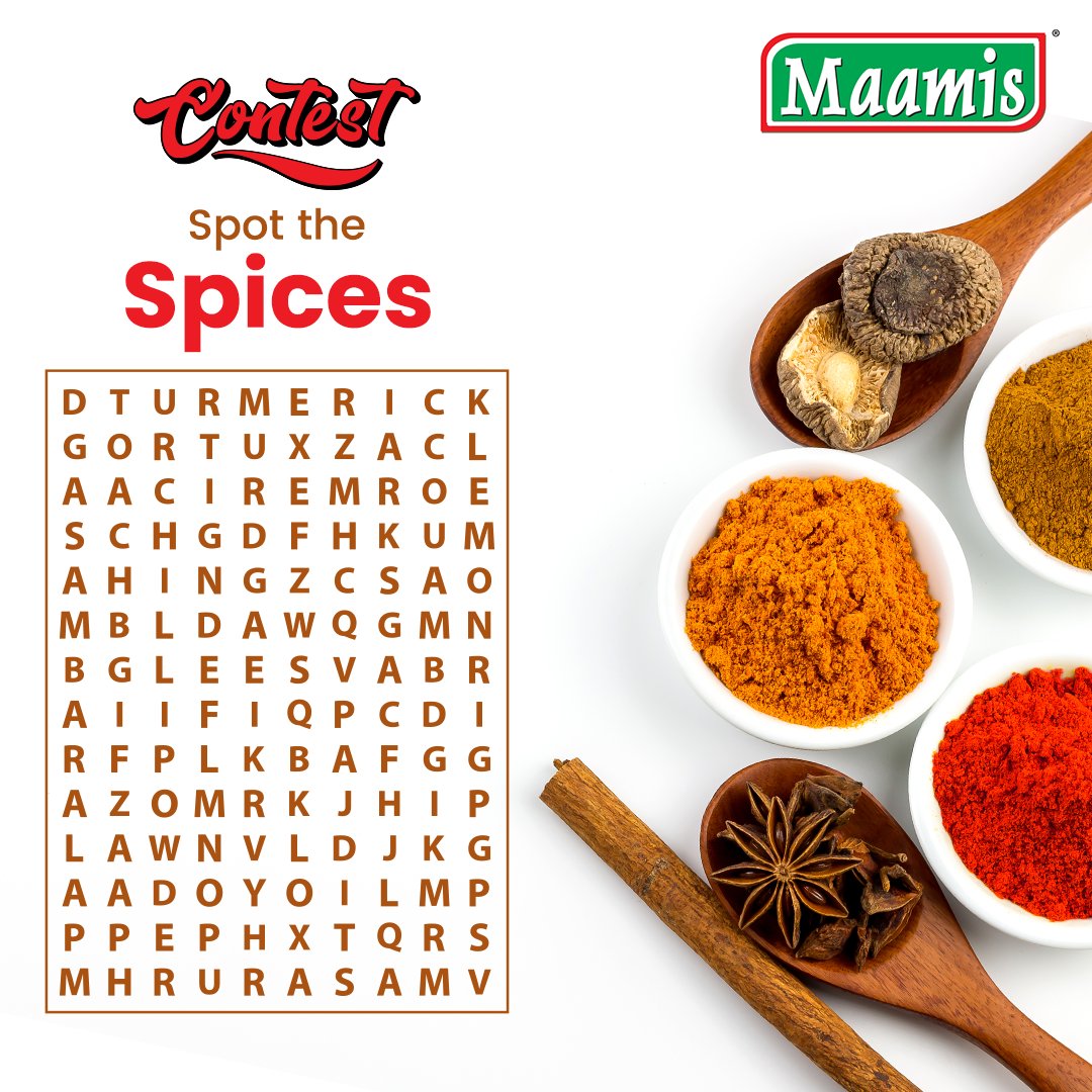 Tell us in the comments section how many spices you can identify from the gird. 

Write your answer in the comments section and stand a chance to win amazing gifts.

#contest #contestalert #contesttime #Quiz #QuizTime #QuizContest #Gird  #giveawaytime #giveawaytime #MaamisMasala