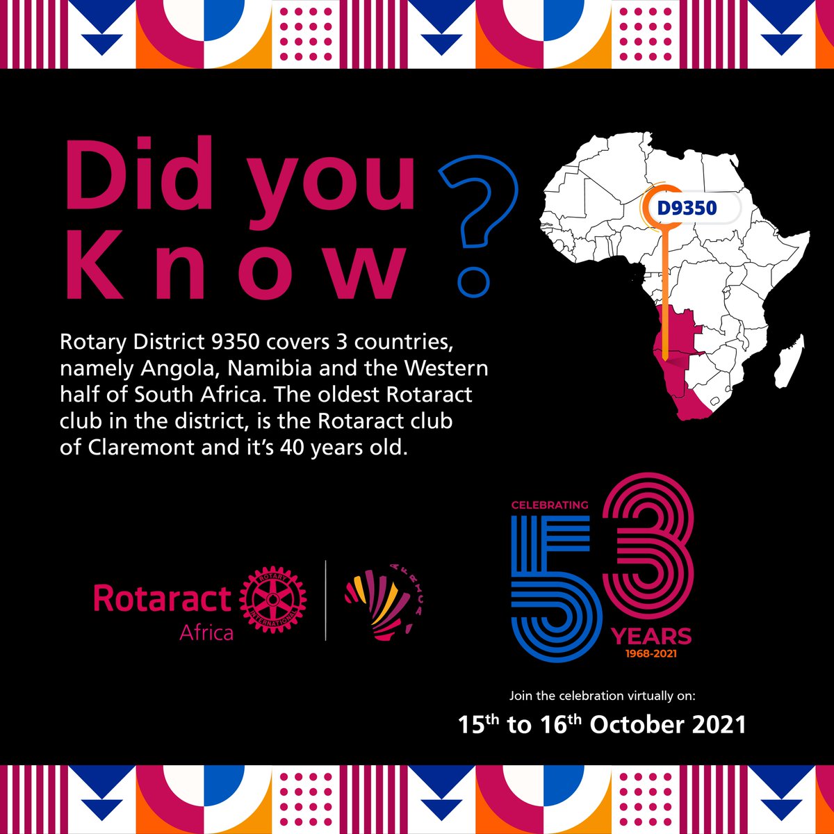 Join us on 15th and 16th October as Rotaract Africa MDIO commemorates Rotaract Africa @ 53. 

#RotaractAfrica
#RAt53
#PeopleOfAction 
#RotaryServeToChangeLives