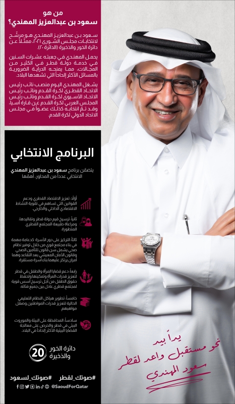 alsharq_portal's tweet photo. ↙️🗳️البرنامج الانتخابي للمرشح سعود بن عبدالعزيز المهندي:

🔷تعزيز الاقتصاد القطري
🔷ترسيخ قيم قطر
🔷التركيز على دور الأسرة
🔷دعم قضايا المرأة والطفل
🔷تطوير هياكل التعليم
🔷المحافظة على البيئة

✨يداً بيد نحو مستقبل واعد لقطر

#انتخابات_مجلس_الشورى_القطري 
@SaoudForQatar https://t.co/LV5hZC7EQi