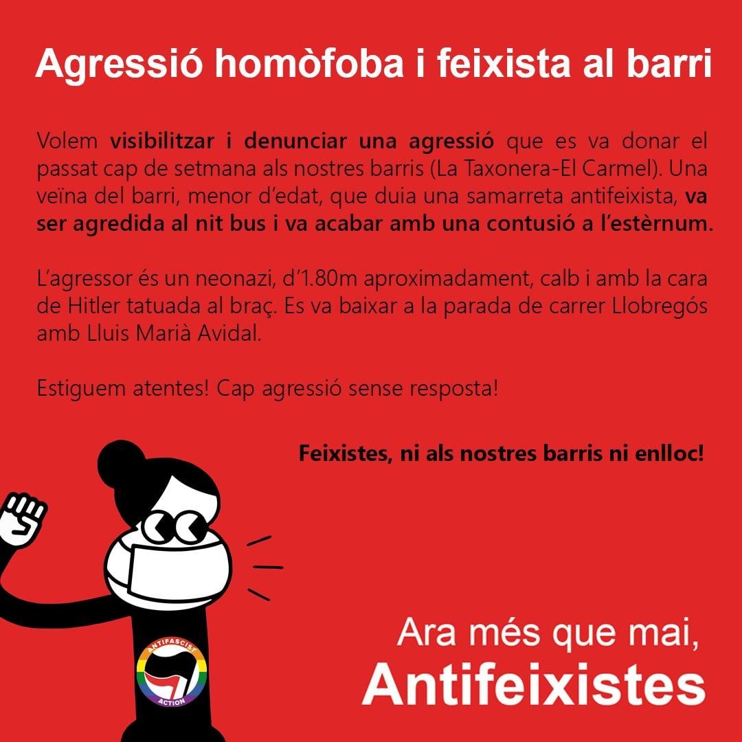 ⚫️ #AlertaAntifeixista! Agressió homòfoba i feixista al barri del Carmel succeïda el passat cap de setmana
⚠️ Estiguem atentes! Cap agressió sense resposta!
