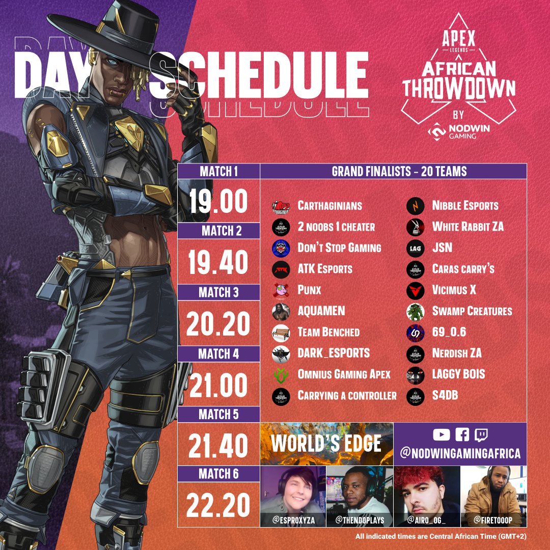 NODWINGamingAF's tweet photo. It's been a long wait but it's finally happening 😁! The #ApexLegends #AfricanThrowdown Cup 2 Finals goes live from 19.00 CAT on https://t.co/dYNmg1ZnPu! Join us as we find out which team will be crowned champion 👑! 🎙 @ThendoPlays @firetooop @EsProxyZA @Airo_OG_ https://t.co/oU1e90XInl