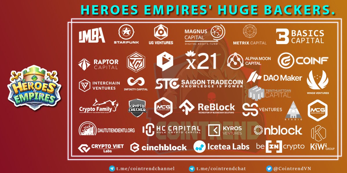 Let's take a look at the backers of the project @HeroesEmpires. You can pre-order the mobile app at:
⚡️App Store: bitly.com.vn/f42hla
⚡️Google Play: bitly.com.vn/kbtwch

<a href="/X21_Digital/">X21 Digital</a> <a href="/TheDaoMaker/">Bullish By DAO</a> <a href="/TCVNcommunity/">TradeCoinVN</a>...
#CointrendVN #PlayToEarn #GameFi #HeroesEmpires