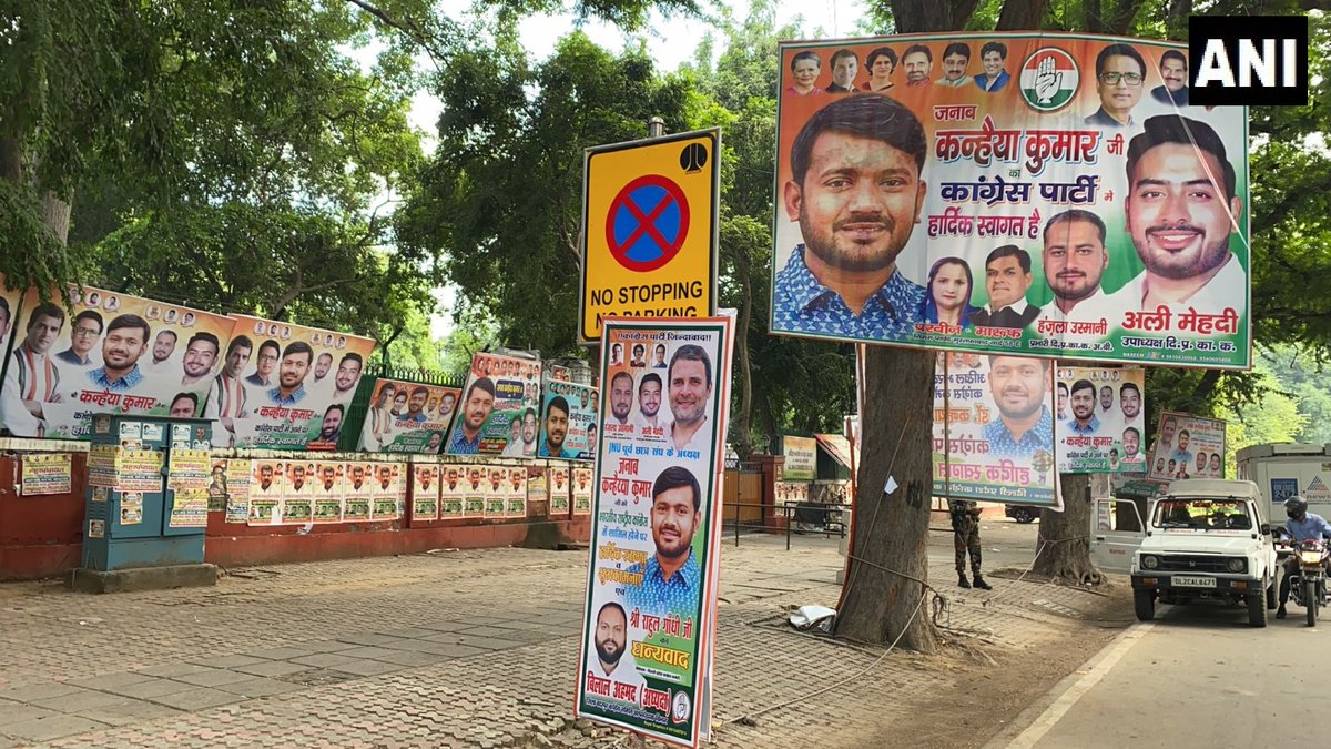 ANI's tweet photo. Delhi | Posters welcoming Kanhaiya Kumar into Congress put up outside the Congress office ahead of his proposed joining https://t.co/NucdHRXCt5