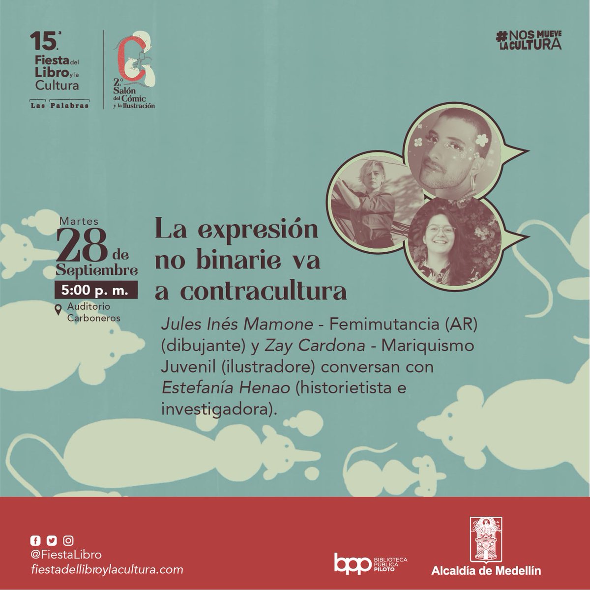 Mañana martes 28 de septiembre a las 5:00 p.m. Estaré en el 2° Salón del Cómic y la Ilustración de <a href="/FiestaLibro/">Fiesta del Libro</a>  con les ilustradores e historietistas <a href="/femimutancia/">Femimutancia</a> y Zay Cardona conversando sobre sus trabajos y expresión no binarie. ✨🗯️

Inscripción en  fiestadellibroylacultura.com