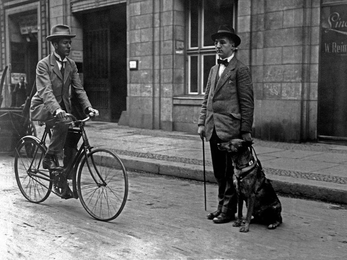 KeesTingeling's tweet photo. Wachten tot de fiets gepasseerd is……… #verkeerstraining #traffictraining #geleidehond #guidedog #historie Duitsland/jaren’20 https://t.co/KnJWkRU1rm