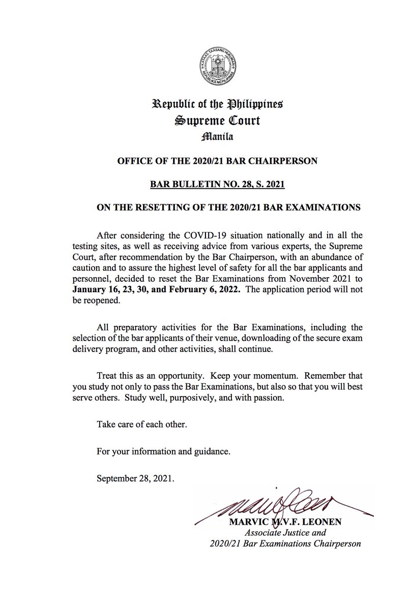 SCPh_PIO's tweet photo. #Bar2020_21 UPDATE: Read Bar Bulletin No. 28 - On the Resetting of the 2020/21 Bar Examinations to January 16, 23, 30, and February 6, 2022 #BestBarEver2020_21 https://t.co/kYzd87DjF7