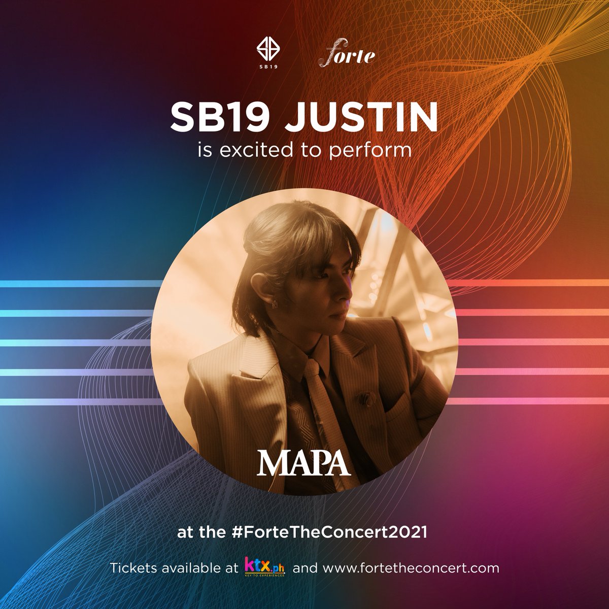 SB19Official's tweet photo. Have you guessed it right? ✅

'MAPA' is the song #SB19_JUSTIN is excited to perform with the Battig Chamber Orchestra on October 17 at #ForteTheConcert2021! 🎶

🎟 Get your tickets at https://t.co/iKcdavGIrP and https://t.co/jJfCqnZUUr

#SB19Forte #SB19JUSTINFortePoll https://t.co/aBooeDVtbV