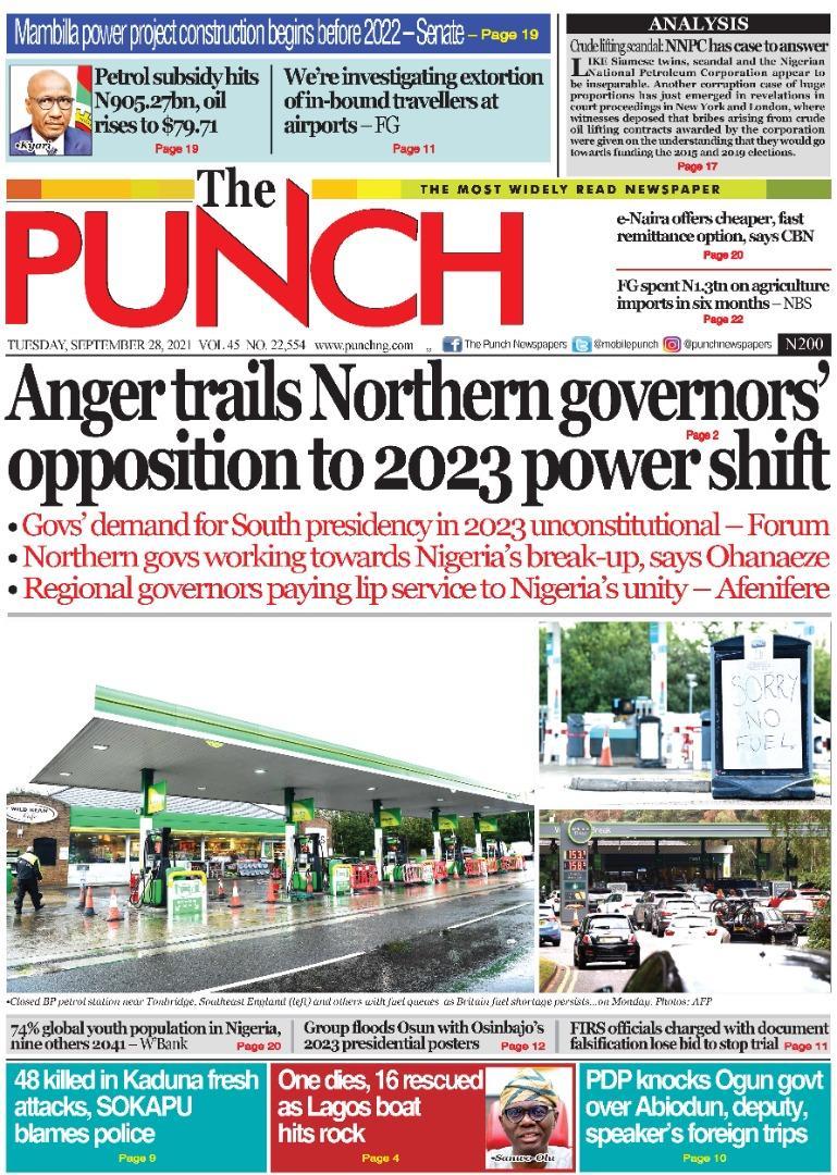 MobilePunch's tweet image. SEPTEMBER 28 - HEADLINES
