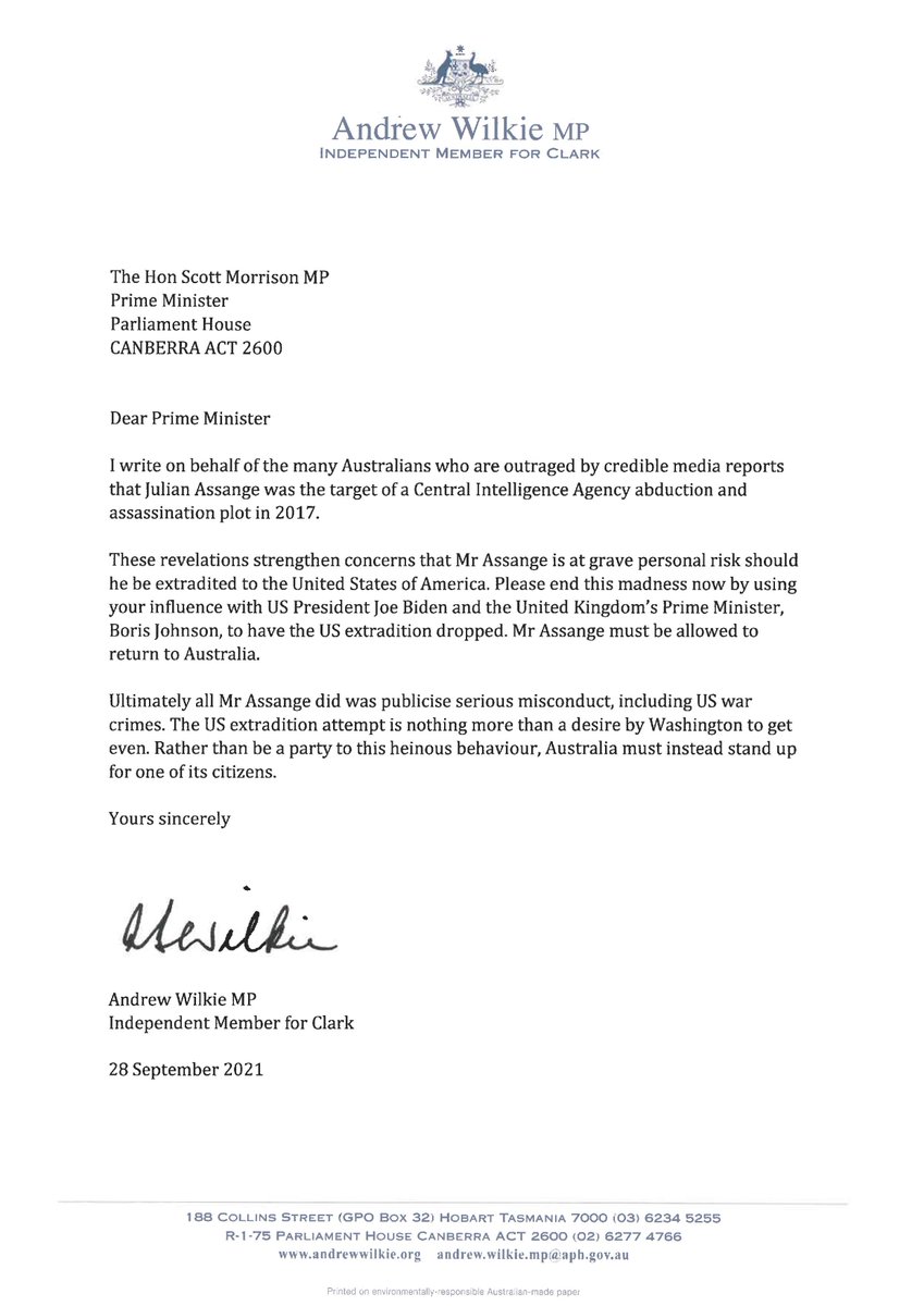 WilkieMP's tweet image. Revelations that Julian Assange was the target of a CIA assassination plot strengthen concerns he would be at great risk if extradited to the US. @ScottMorrisonMP, end this madness by using your influence to have the case dropped. #politas #auspol #FreeAssange #FreeAssangeNOW