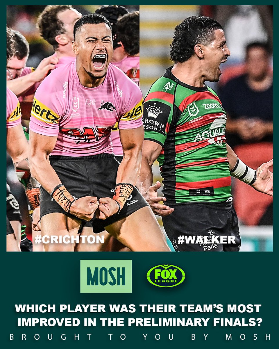 FOXNRL's tweet image. Speak up with the Mosh Mic - Players worked hard to fix their problems over the finals and get the win in the preliminary final, but who did it best?

Reply #CRICHTON or #WALKER to get your vote in 👇

Brought to you by @get_mosh, men's health made easy
