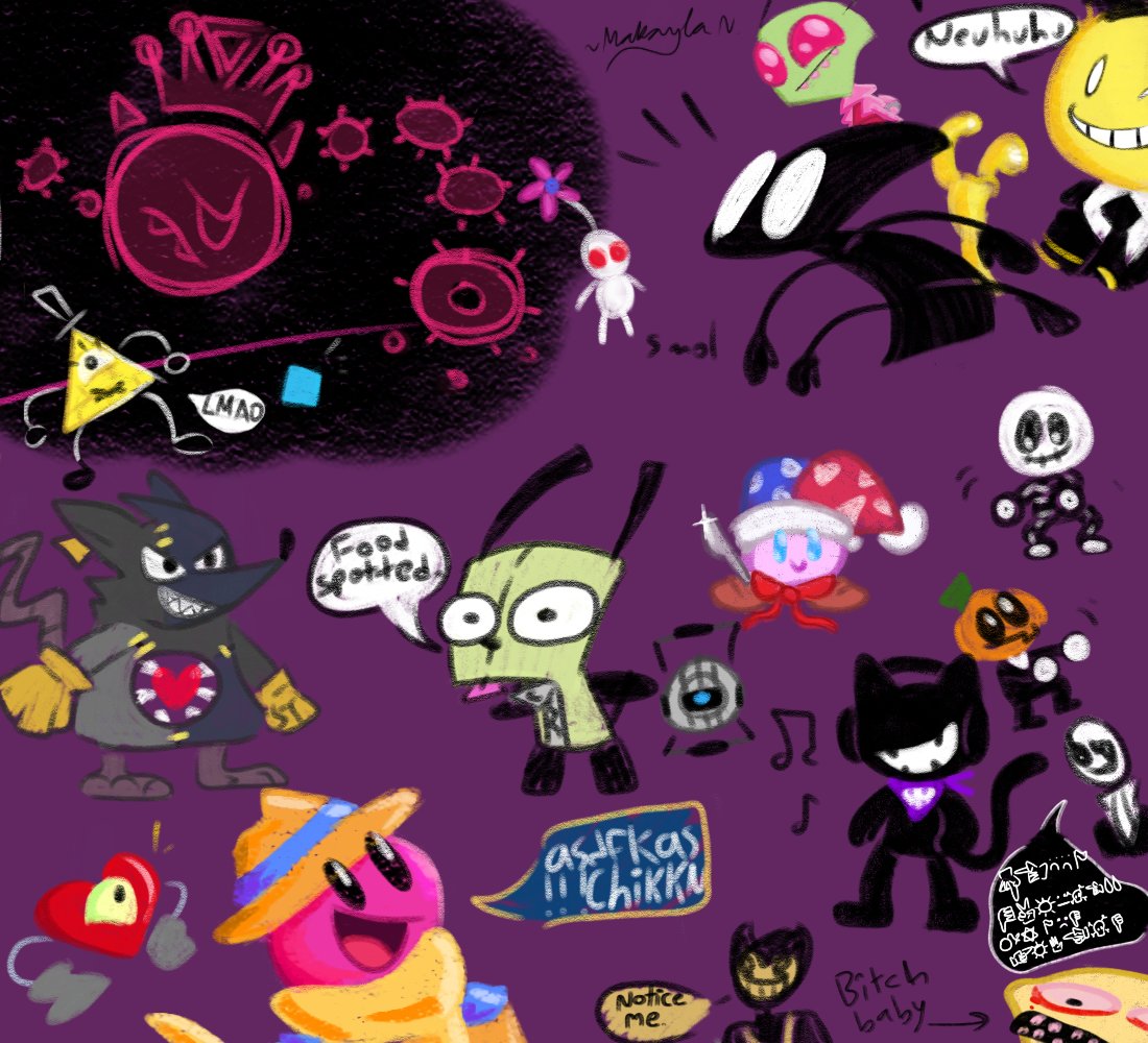 invadermak2016's tweet photo. Giant fan art sketch dump 
#InvaderZim #jsab #HollowKnight #assassinationclassroom #pikmin #GravityFalls #MadRatDead #spookymonth #undertale #Kirby #monstercat #slimerancher #BATIM #FNF #portal2 https://t.co/TY0FLN1fRW