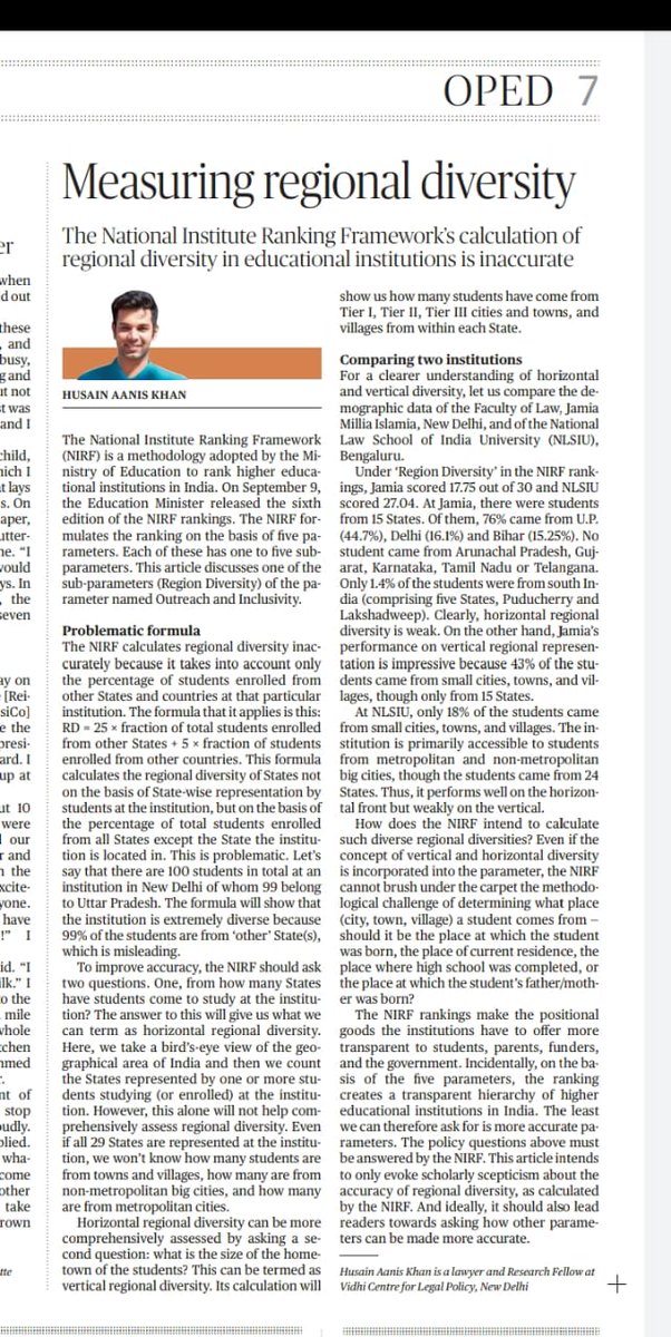 AanisHusain's tweet photo. In my The Hindu op-ed, I tried to invent the concept of 'vertical regional diversity' and 'horizontal regional diversity' in reference to the NIRF Rankings. @the_hindu @NIRF https://t.co/HYZVeWbHO8