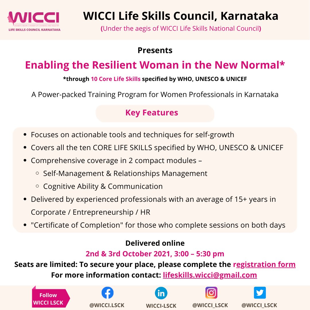 Wicci_LSCK's tweet photo. Inviting women professionals from all sectors across Karnataka to this curated program to power &amp; accelerate self-growth for professional &amp; personal success. 

Limited seats available, Register by 29th Sep at https://t.co/TbdZhvyNca

#womeninbusiness @wiccilifeskills https://t.co/dcWMFAo3OH