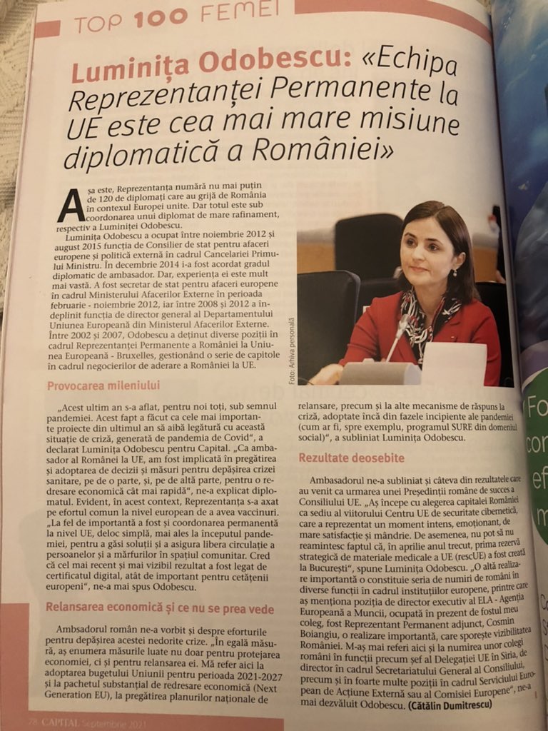 Odobes1Luminita's tweet photo. Onorata sa reprezint diplomatia romaneasca in Top 100 femei de succes realizat de revista Capital! https://t.co/GsLpSKfhC7
