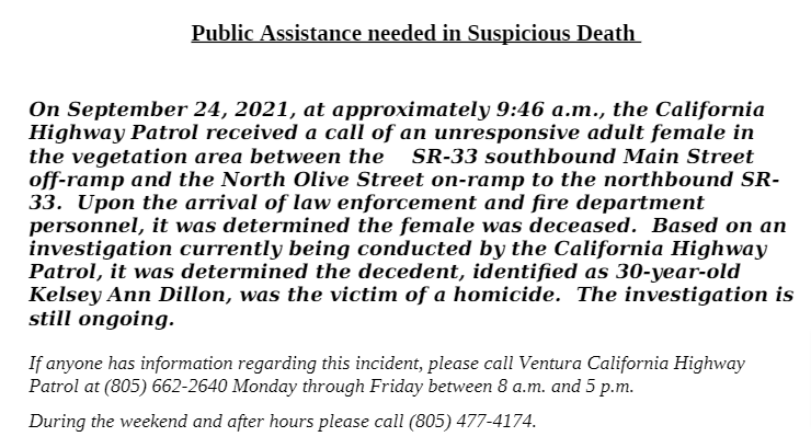 KyleBJorrey's tweet photo. Learned today that Kelsey Ann Dillon, 30, was found dead Sept. 24 by Ventura CHP in a patch of thick brush near a freeway offramp in Ventura. CHP now suspect the homeless woman, formerly of Thousand Oaks, was the victim of a homicide. https://t.co/MXoK5UnAuu