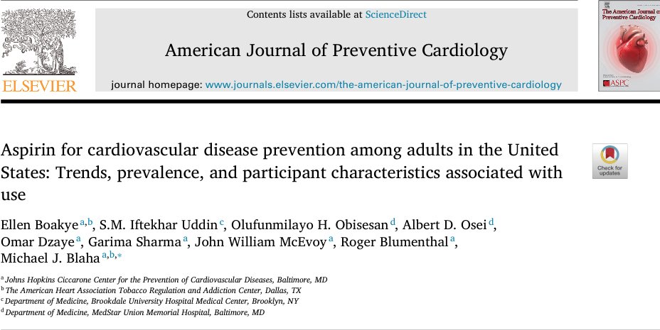 🚨📝🚨in <a href="/AJPCardio/">AJPC</a>  

doi.org/10.1016/j.ajpc… 
📌1 in 3 adults aged ≥40yrs reported aspirin use for ASCVD prevention in 2019
📌45.6% of older adults aged ≥70yrs reported primary prevention aspirin use
📌Women were less likely than men to report secondary prevention aspirin use