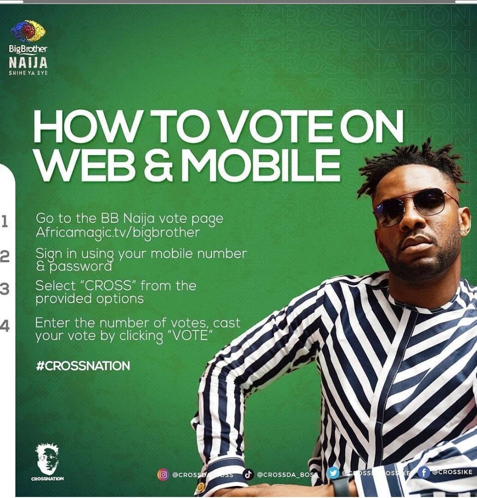 Good Morning 
How to vote on Mobile &Web
VOTE 🗳 CROSS
Cross X 90M 

#VoteCross #BBNaija #bbnaija2021