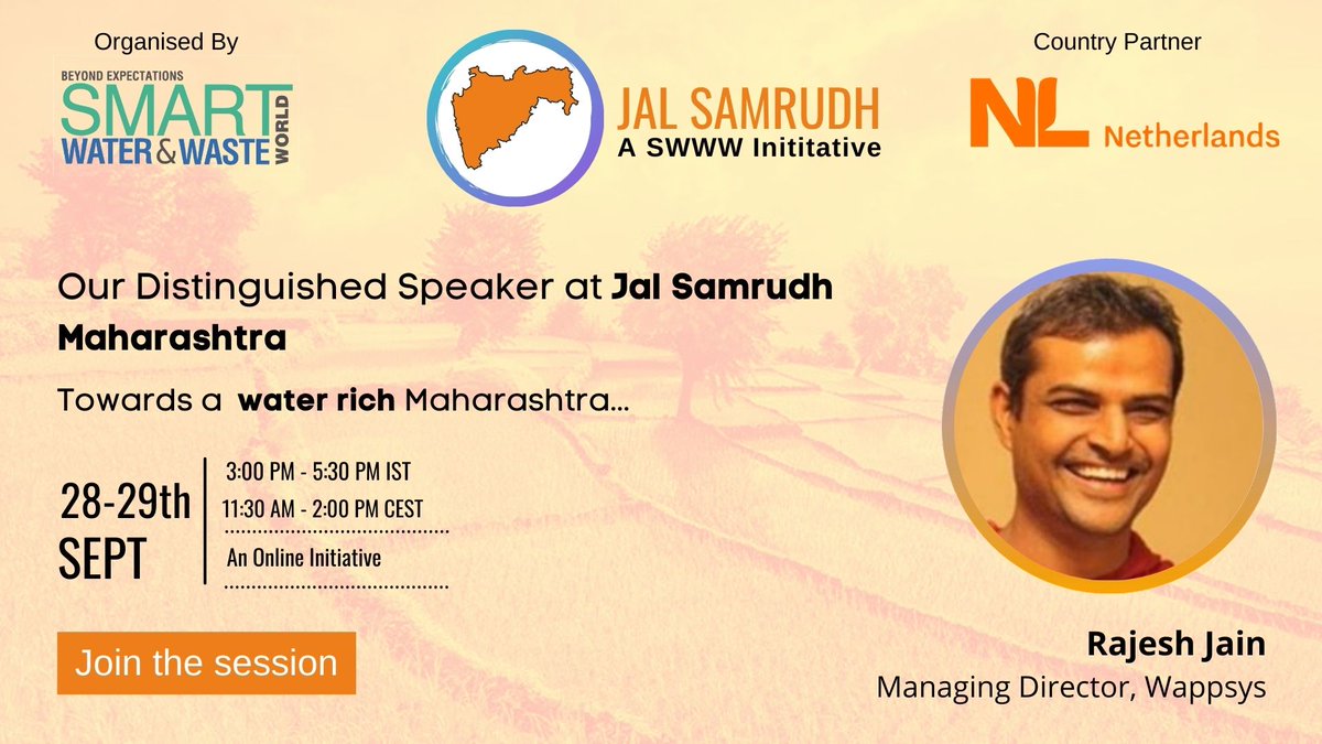SmartWWW_IN's tweet photo. Mr. Rajesh Jain from @Ecowappsys is going to speak at #JalSamrudh (#WaterRich) Maharashtra Webinar, 28-29 Sept. 2021, 3:00-5:30 PM IST. #FreeToAttend. #Register here: https://t.co/6JyVQLJYLK

Organizer: Smart Water &amp; Waste World
Country Partner: Netherlands
@kailashps @mayur259 https://t.co/NW8sJf0mMf
