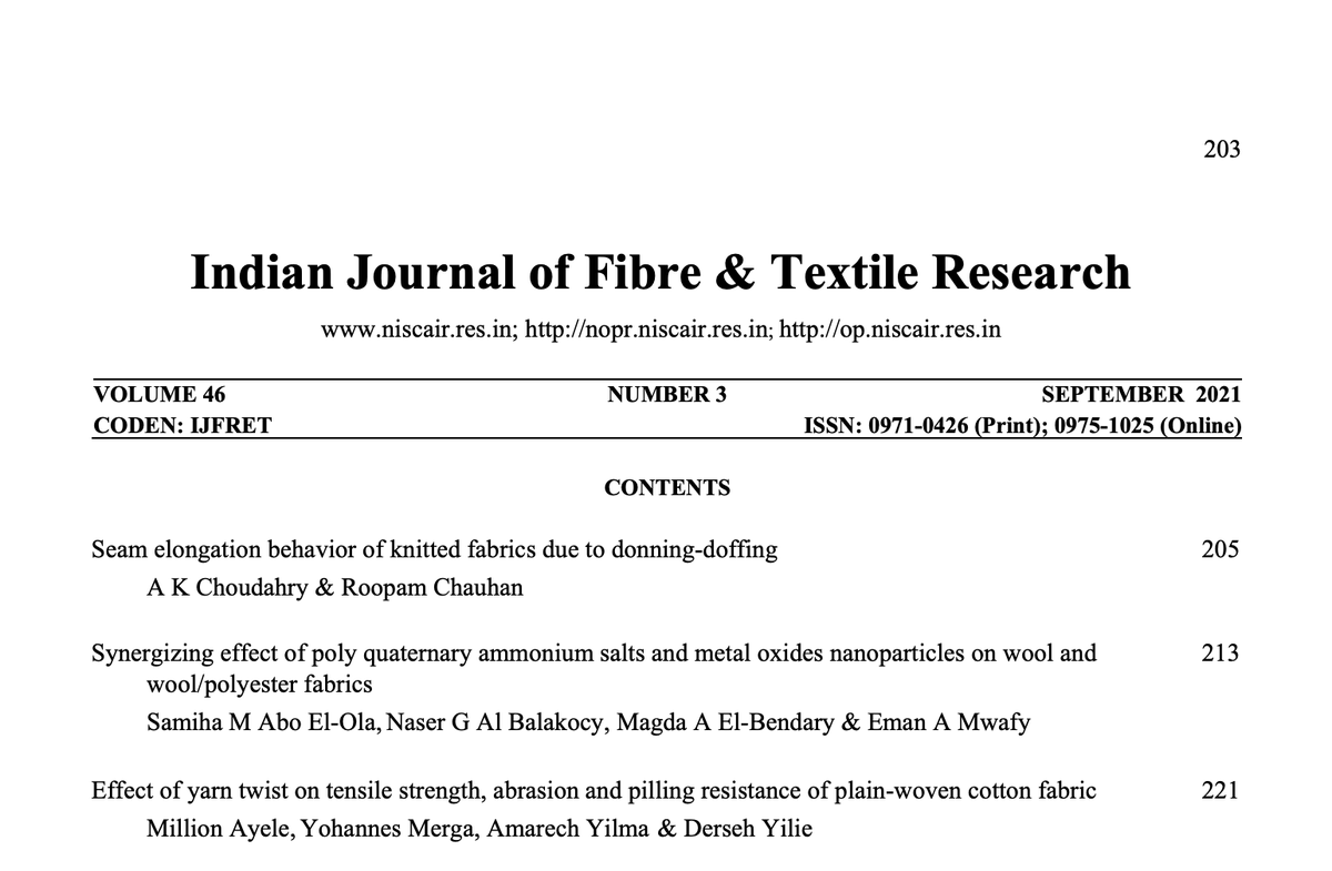 CSIR_NIScPR's tweet image. #September2021 issue of Indian Journal of #Fibre &amp;amp; #TextileResearch is now online nopr.niscair.res.in/handle/1234567…