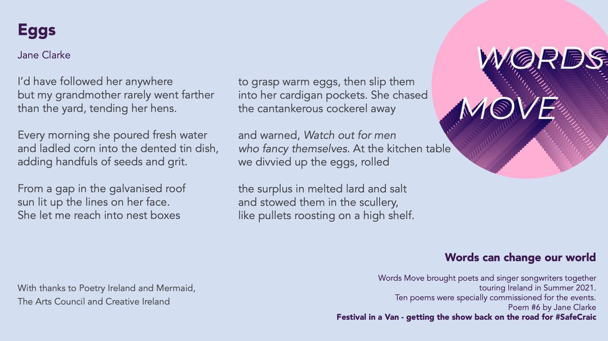 festivalinvan's tweet photo. Eggs๐ฅ by @jane_janeclarke was commissioned for our #WordsMove tour with #FestivalInaVan. Jane wrote this poem for her grandmother and performed it in #Wicklow this summer.
#SafeCraic #IrishPoetry
๐๐ป again to @mermaidarts @artscouncil_ie @CreativeIreland and @poetryireland https://t.co/eqwXldBeYK