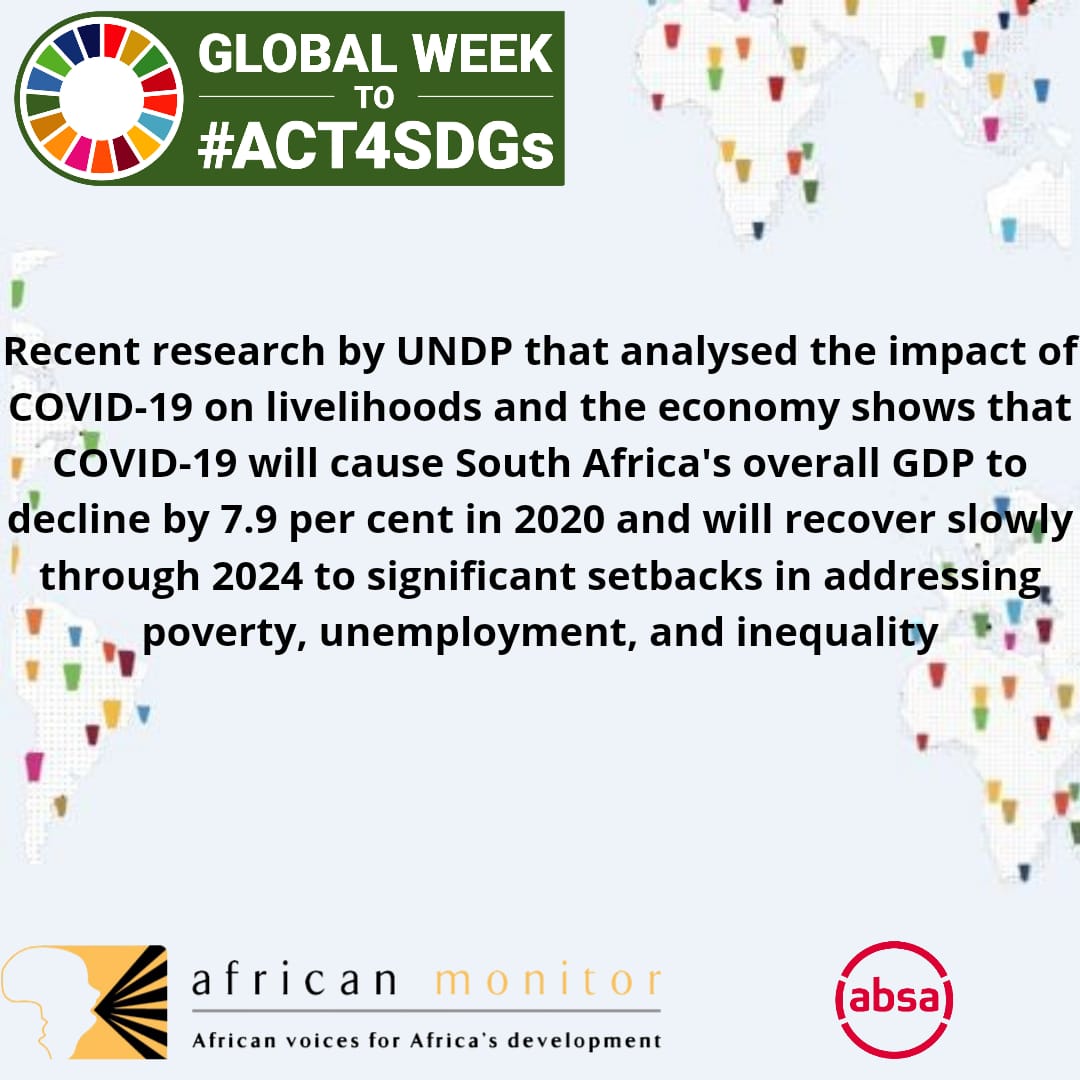 Yvette_Ami's tweet photo. Research by @UNDP analysed the impact of COVID-19 on livelihoods &amp; the economy. COVID-19 will cause South Africa's GDP to decline by 7.9% in 2020. There will be setbacks to our SDGs regarding poverty unemployment &amp; Inequality
#TurnItAround @SDGaction #Act4SDGs #UNGA #Generation17 https://t.co/0EdUXX9su0