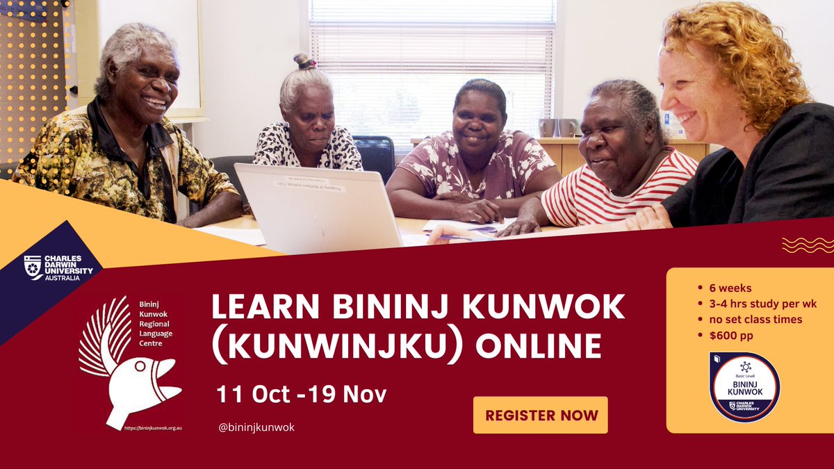 cdu_ni's tweet photo. 🌟Short Course🌟 
Learn Kunwinjku, the most common language of the Bininj people of West Arnhem Land.
▶️11 Oct -19 Nov 
▶️no set class times
▶️3-4 hrs study per wk
▶️$600 per person 
Find out more https://t.co/hLBvgnMJP2
@CDUni @BininjKunwok https://t.co/ckxTWyJDl8