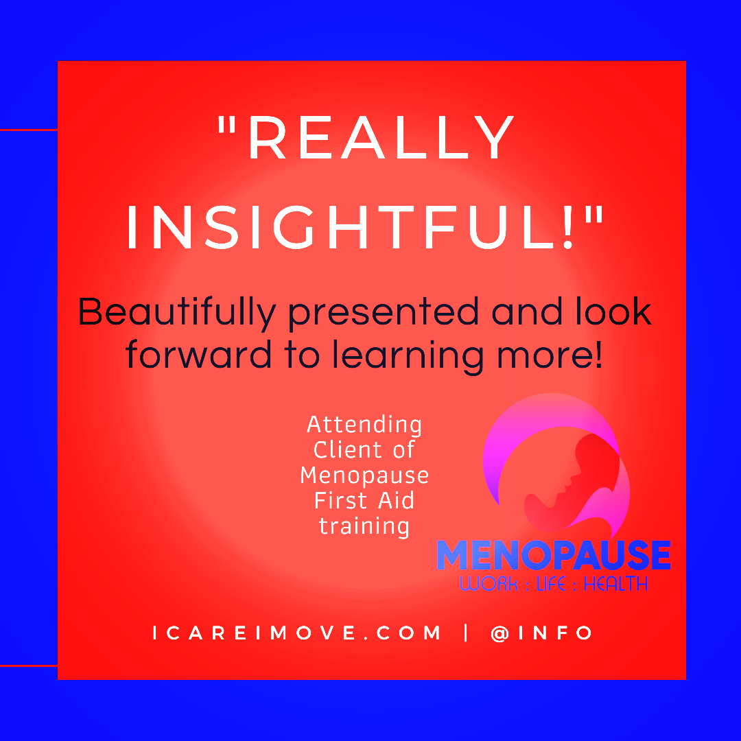 icareimove's tweet image. Happy client learning about Menopause First Aid for the workplace. If you have yet to put a Menopause policy in place in your business, get in touch on info@icareimove.com or call 0800 054 1118. #Menopause
#Menopause101
#hotflush
#midlife
#supportingwomen